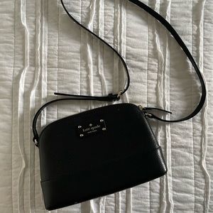 Black Kate Spade purse - shoulder length strap with flat bottom and zip top